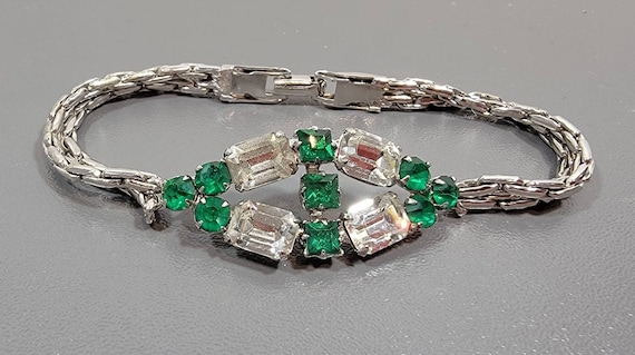 green rhinestone bracelet clear silver tone flexible links