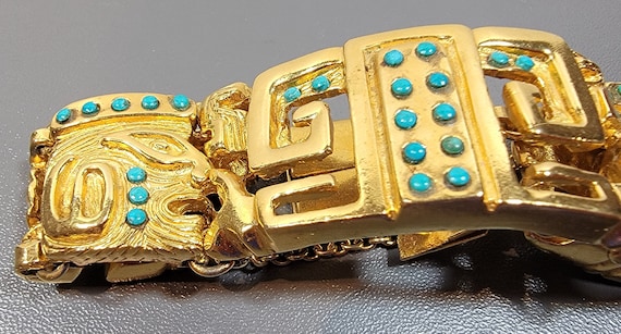 salvador teran bracelet gold plated faux turquoise pre conquest style motifs