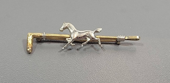 Antique horse brooch slim bar pin gold and silver tone metal