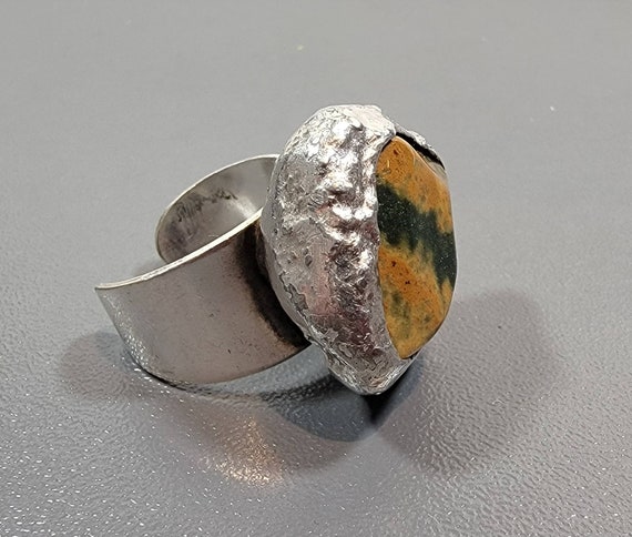 danish ring Jasper stone silver plated adjustable green and yellow