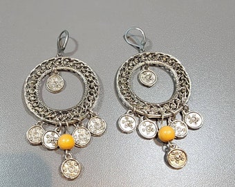 boho coin earrings dangle hoop pewter tone pierced