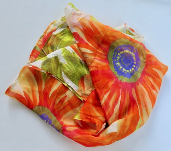 silk scarf large floral scarf Square Orange purple - image 4