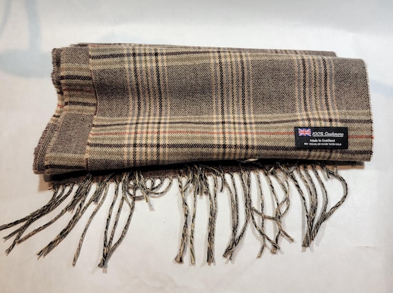 Beige and orange tartan plaid scarf vintage Scottish souvenir cashmere