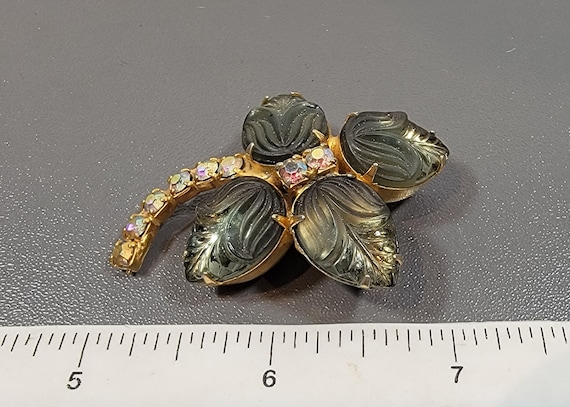 flower brooch pressed glass rhinestones smoke gray
