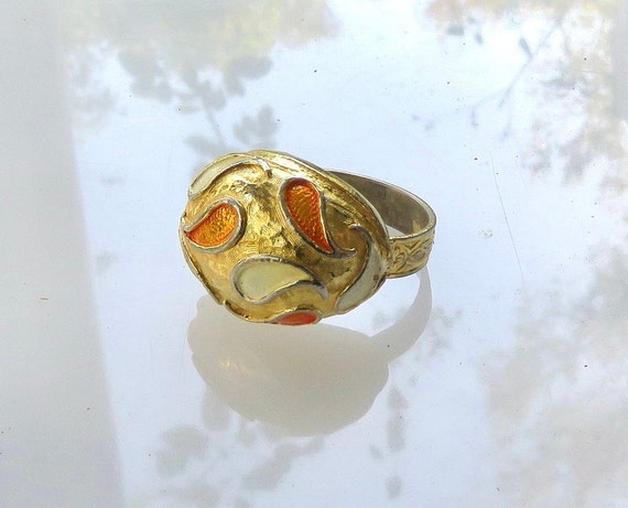 Paisley ring white orange gold adjustable vintage… - image 1