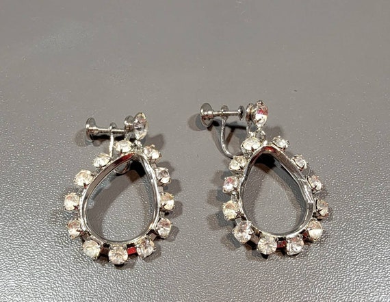 Rhinestone earrings dangle drop silver tone teard… - image 3