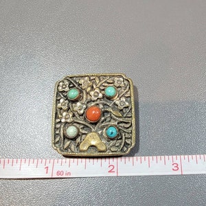 Art deco dress clip chinese carnelian glass cabochon and turquoise