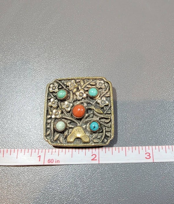 Art deco dress clip chinese carnelian glass cabochon and turquoise