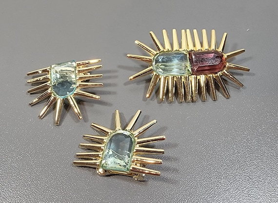 modernist earrings and brooch gold blue purple Hobe