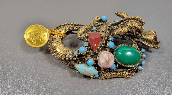 Dragon brooch vintage costume jewelry rhinestones gold tone large new old stock