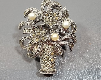 flower basket brooch silver tone marcasite faux pearls