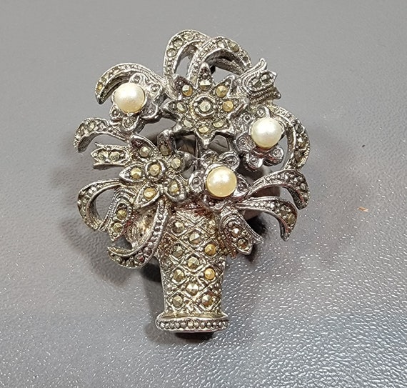 flower basket brooch silver tone marcasite faux pearls