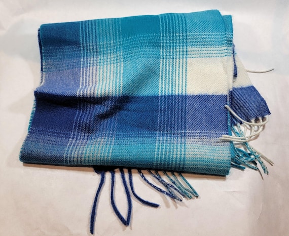 Wool Scarf: Turquoise Cobalt Blue Tartan