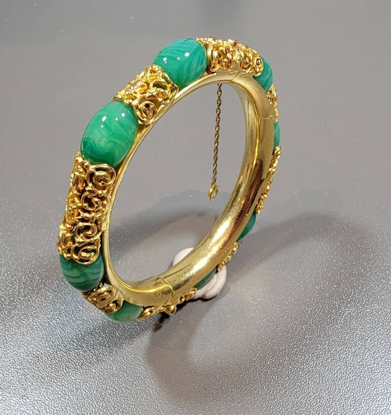 bangle bracelet green glass stones golden filigree small