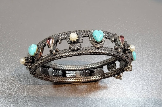 pewter tone bangle pearl turquoise glass hearts amethyst teardrop stones florenza designed