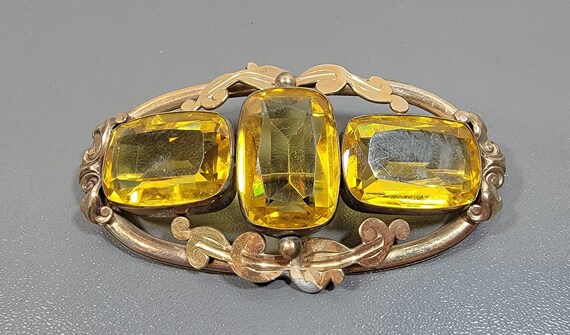 Antique brooch gold filled three large stones topaz glass