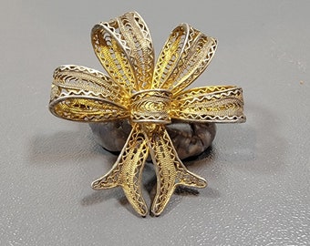 bow brooch 800 silver gilt vintage Romantic portugal