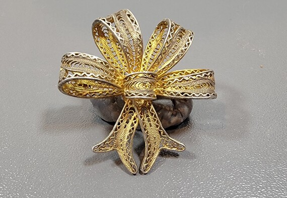 Antique brooch filigree bow 800 silver gilt vintage Romantic portugal