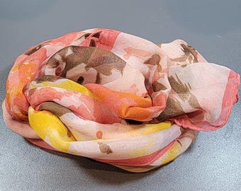 Chiffon scarf yellow peach pink floral Ellen Tracy Long spring colors