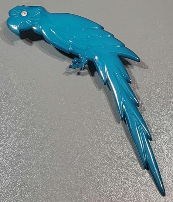 parrot brooch large blue resin bird rhinestone eye danish design