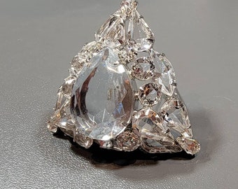 Schreiner style brooch clear stones triangular shaped layered silver tone metal  Circa 1960