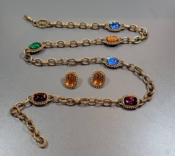 yves st laurent necklace golden chain glass cabochon stones blue green red purple and yellow earrings stud
