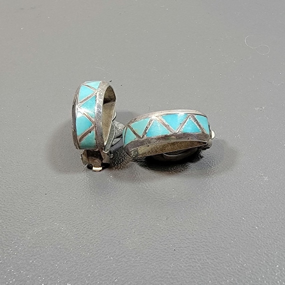 Turquoise earrings half hoops clip on channel inlay