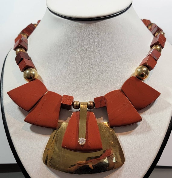 bib necklace massive jasper brass and cubic zirco… - image 4