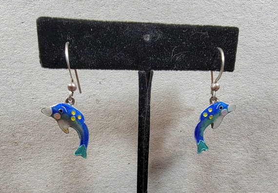 Dolphin earrings enamel sterling Cetacea dangle drops enamel cute