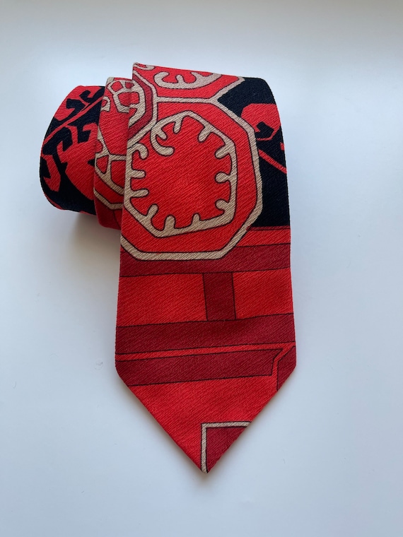 Hawaiian tie red Cotton Kanaka Tie Abstract Hawaii Abstract Tropical Motif Orange 70s tie