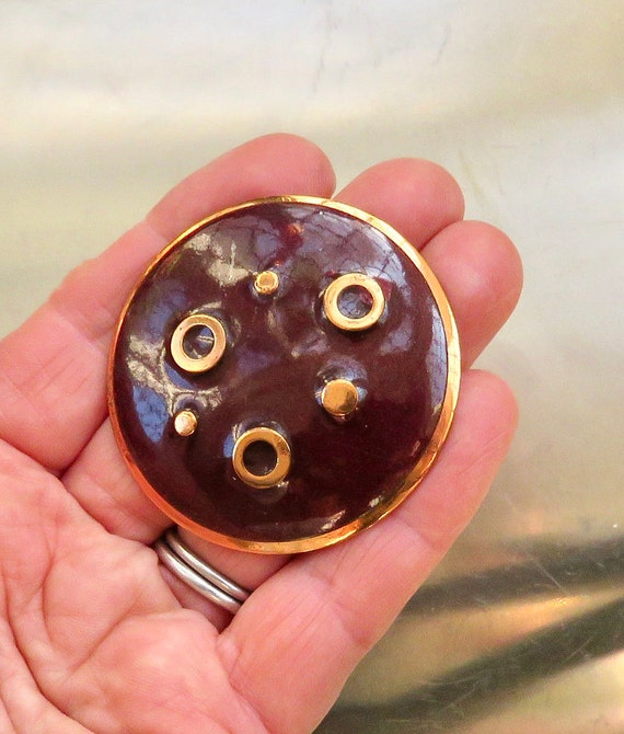copper brooch round mcm enamel design abstract - image 7