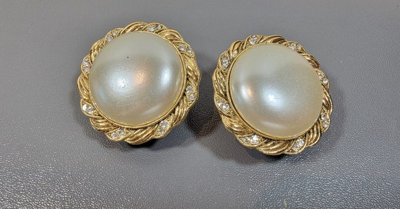 jumbo pearl earrings clip on vintage rhinestone accents