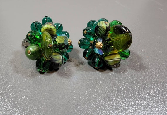 green glass bead earrings clip on wide variety of textures and colors