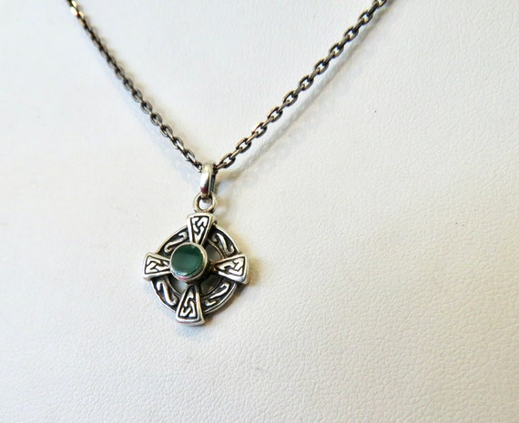 sterling silver cross necklace Irish celtic design Chrysoprase green stone