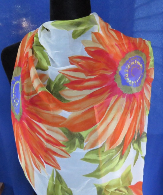 silk scarf large floral scarf Square Orange purple