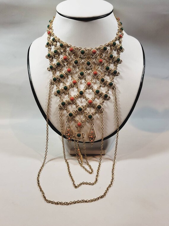 Egyptian revival Necklace Bib Swagged chain adjus… - image 4
