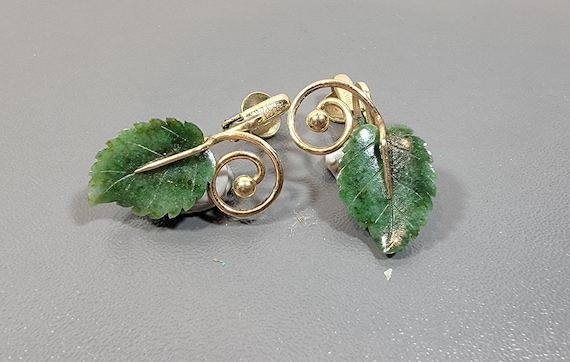 jade earrings leaf shape carved gold filled