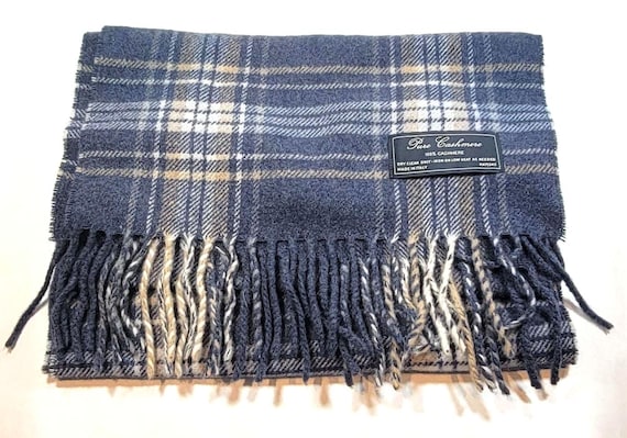 wool scarf blue and tan plaid fringe made in italy man gift