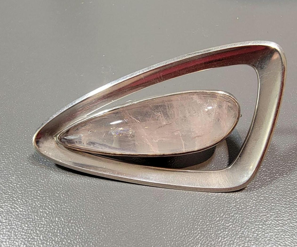 rose quartz brooch Scandinavian modern silver finland