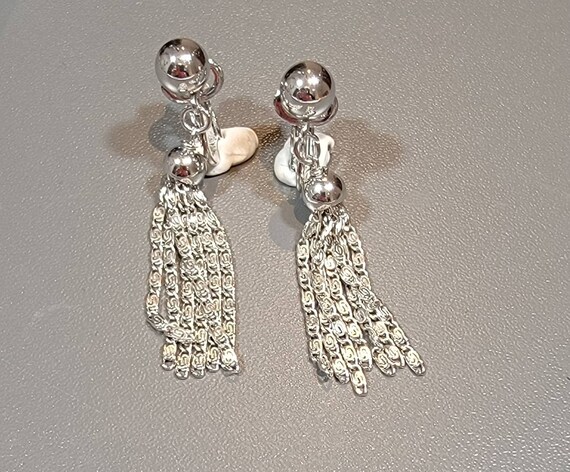 Tassel earrings clip on silver tone vintage trifari jewelry