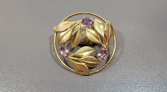 purple rhinestone brooch circle pin or wreath gold tone floral design
