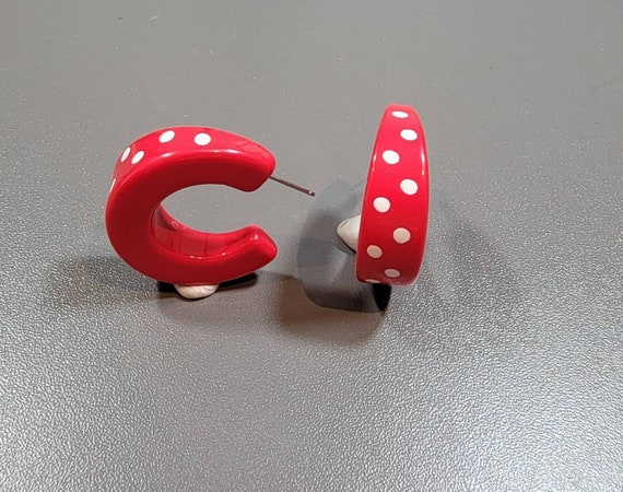 red earrings hoops polka dots lucite pierced hoops
