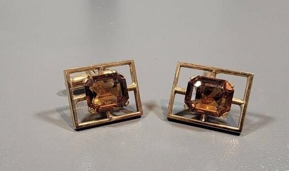 rhinestone cufflinks gold plated  octagonal rectangular stone brown