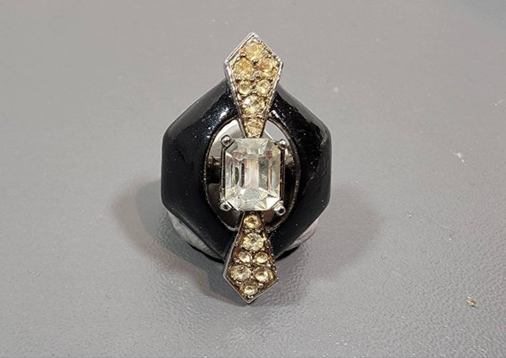 coro rhinestone ring art deco r adjustable black silver nos