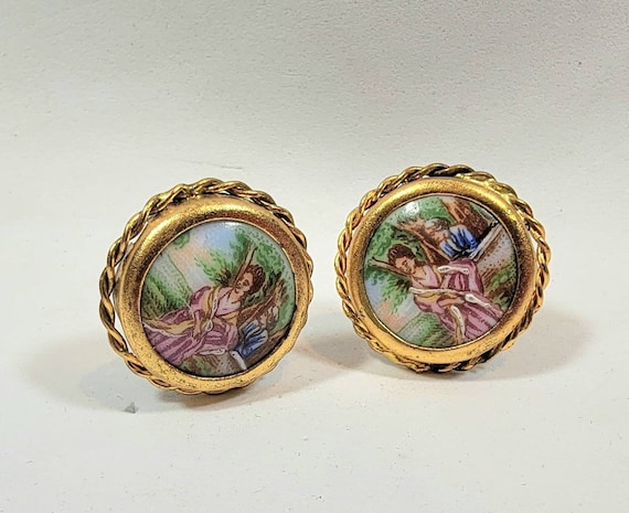 limoges porcelain earrings vintage clip-on button shaped earrings