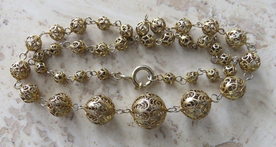 Filigree bead necklace graduated gold washed ster… - image 4