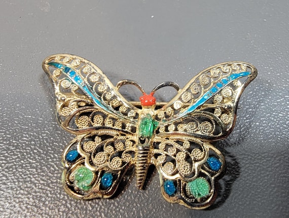 butterfly brooch Filigree Plique a jour enamel germany sterling silver