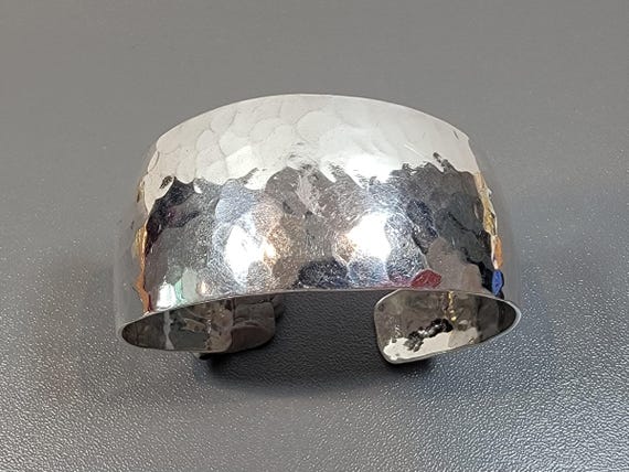 wide cuff bracelet sterling silver shiny plated hammered finish