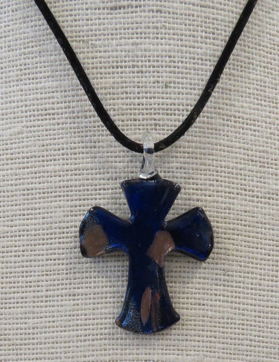 cross necklace Dichroic glass blue metallic - image 7