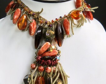 Coral bead necklace bold necklace plastic beads golden bullion fringe